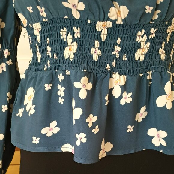 Blue Floral Smocked Ruffle Top M Puffed Sleeves Off Shoulder Blouson Blouse - Picture 9 of 13